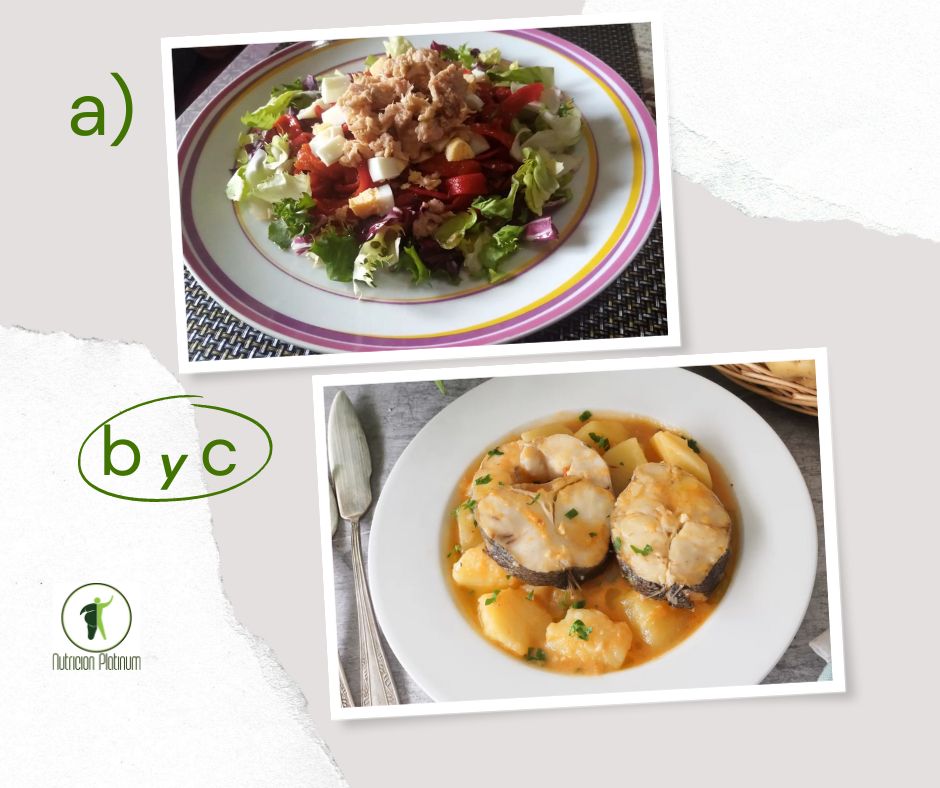 Ensalada de pimientos asados atún y huevo con guiso de merluza y patatas